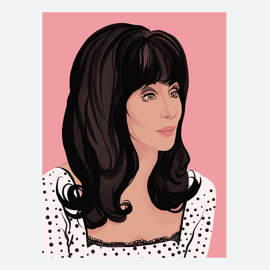 Gay icon and pop legend Cher, from the film Mermaids and her song "The Shoot Shoot Song".  Illustration by Ryan Hodge.  Available in sizes A4, A3, A2 - Framed and print only. 