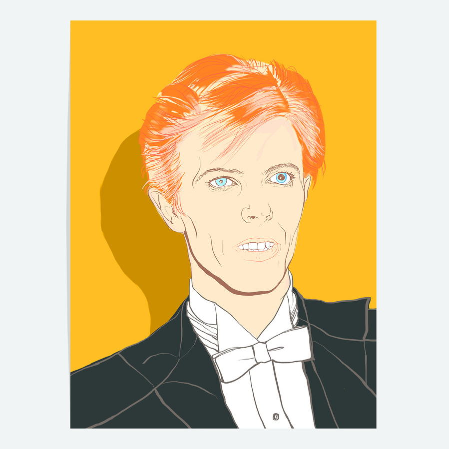 David Bowie portrait as the Thin White Duke by Ryan Hodge illustration.  Inspired by a photo taken at the 17th Annual Grammy Awards.  A fine art gicée print available in sizes A4, A3 & A2, framed or print only. Red and yellow option. 
