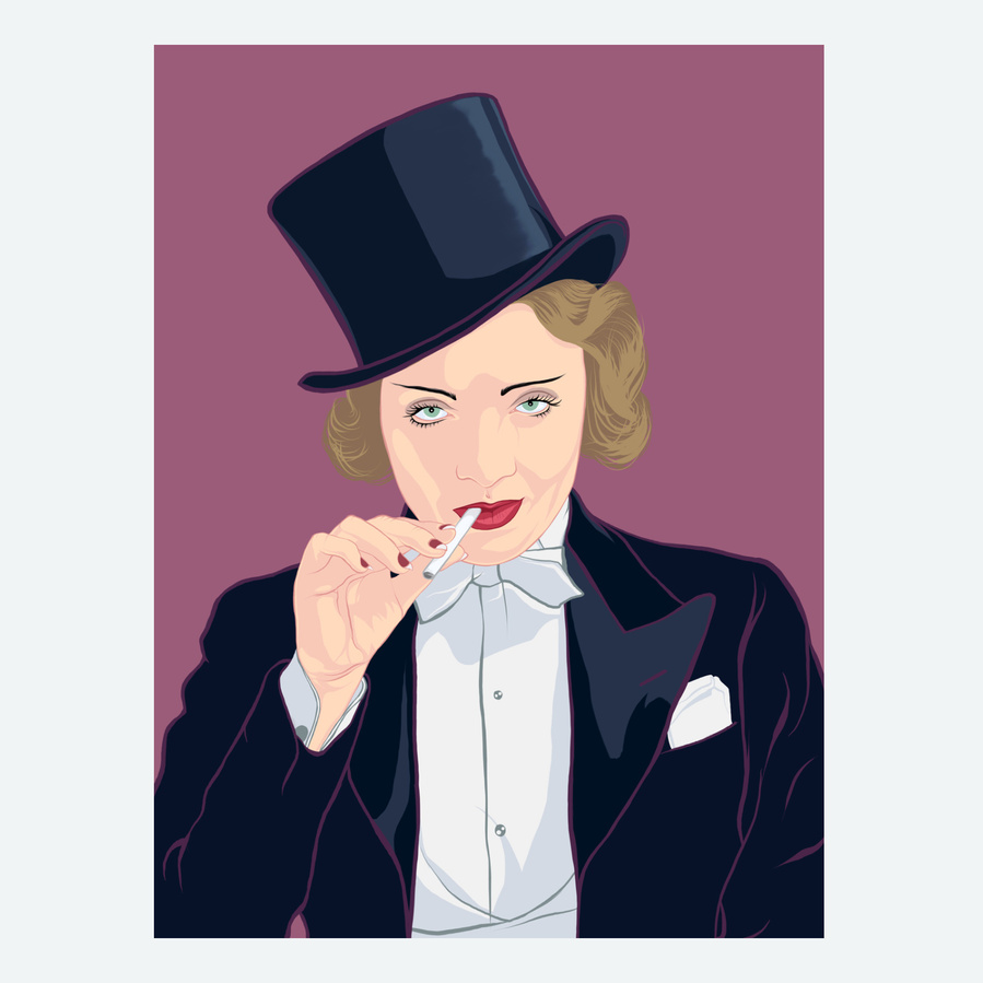 Hollywood actor Marlene Dietrich in the film 'Morocco'. She's smoking a cigarette, wearing a tuxedo hat & suit.  A portrait by Ryan Hodge illustration. A4, A3, A2, A1 sizes framed and print only. 