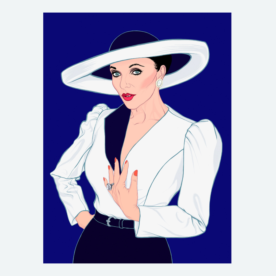 Fine art giclée print ofJoan Collins as Alexis Colby Carrington   as seen in Dynasty by Ryan Hodge illustration.  Available in sizes A4, A3 and A2.  Framed and print only versions.  