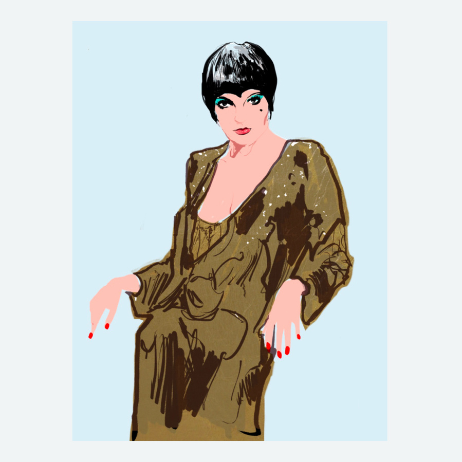 A fine art print of Liza Minnelli as Sally Bowles in Cabaret by Ryan Hodge illustration. Actor, singer, dancer, choreographer and gay icon. Available in sizes A4, A3 & A2 framed or print only. 