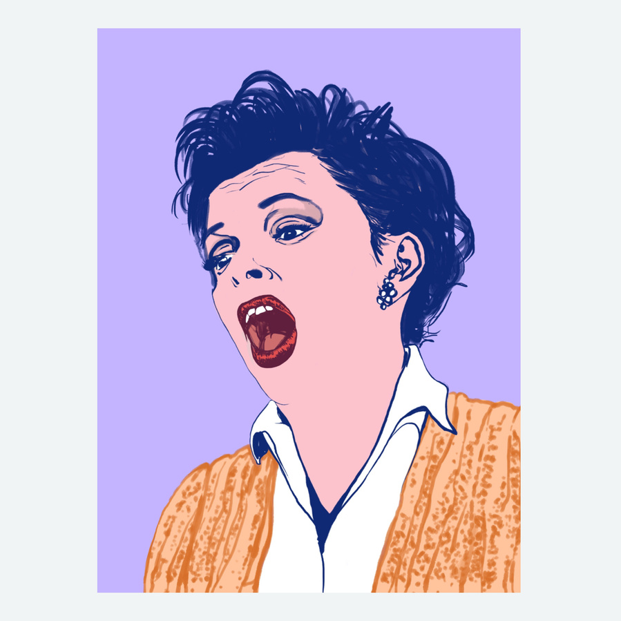 Fine art giclée print of gay icon Judy Garland. Screenprit inspired  artwork by Ryan Hodge illustration.  Available in sizes A4, A3 and A2.  Framed and print only versions.  