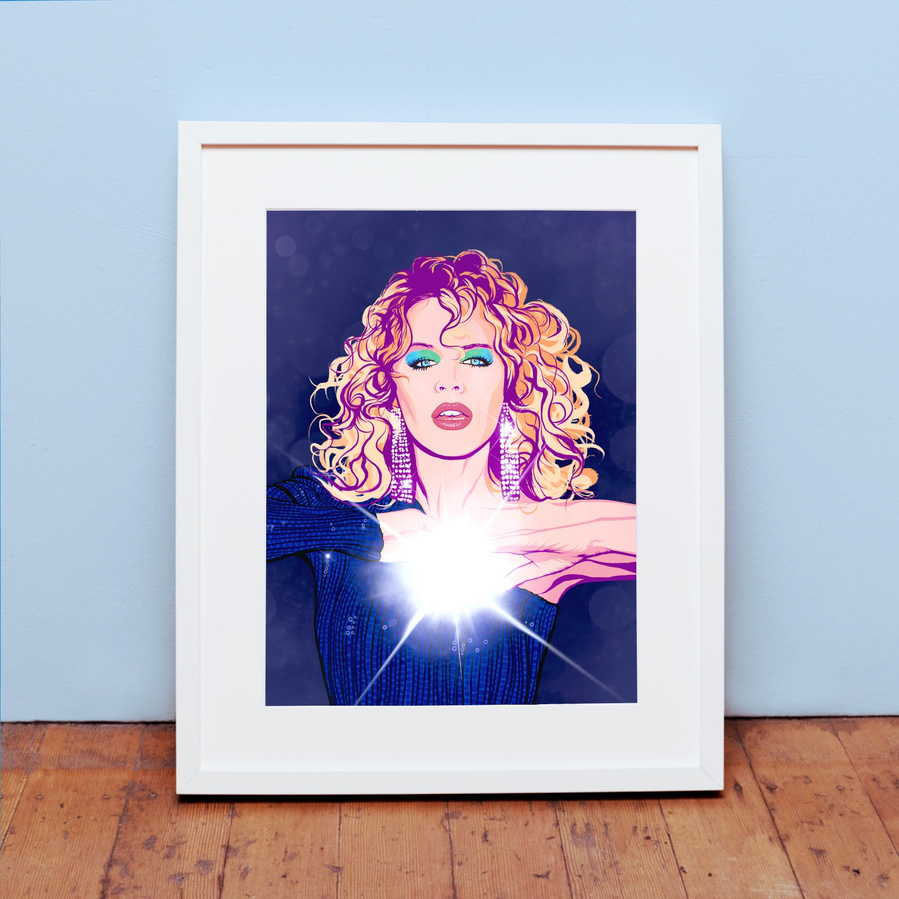 Kylie Minogue fine art giclée print by Ryan Hodge illustration.  Inspired by the album DISCO.  Cosmic vibes on navy with big bright flash.  Available in sizes A4, A3, A2 & A1 framed and print only.  Printed on Enhanced Matt Art paper. 