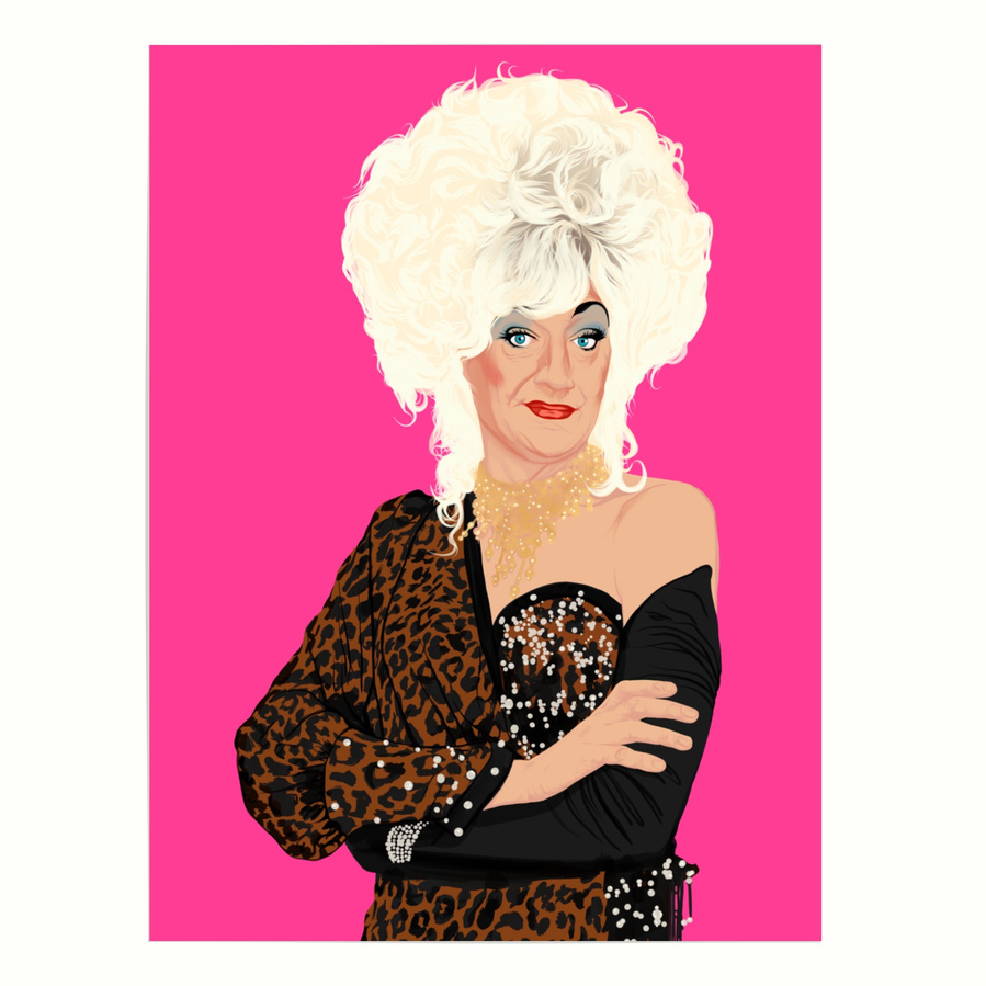 Lily Savage "Lilian Maeve Veronica Savage" aka Paul O'Grady.  A tribute illustration following his death.  available in sizes A4, A3, A2 & A1 as a framed and print only option. 