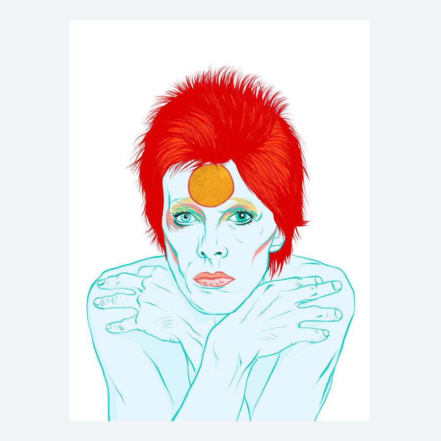 David Bowie's Ziggy Stardust Fine art Print by Ryan Hodge illustration. Minimal artwork with white Background, bright red hair and blue body and gold circle on his forehead. Available in various sizes. 