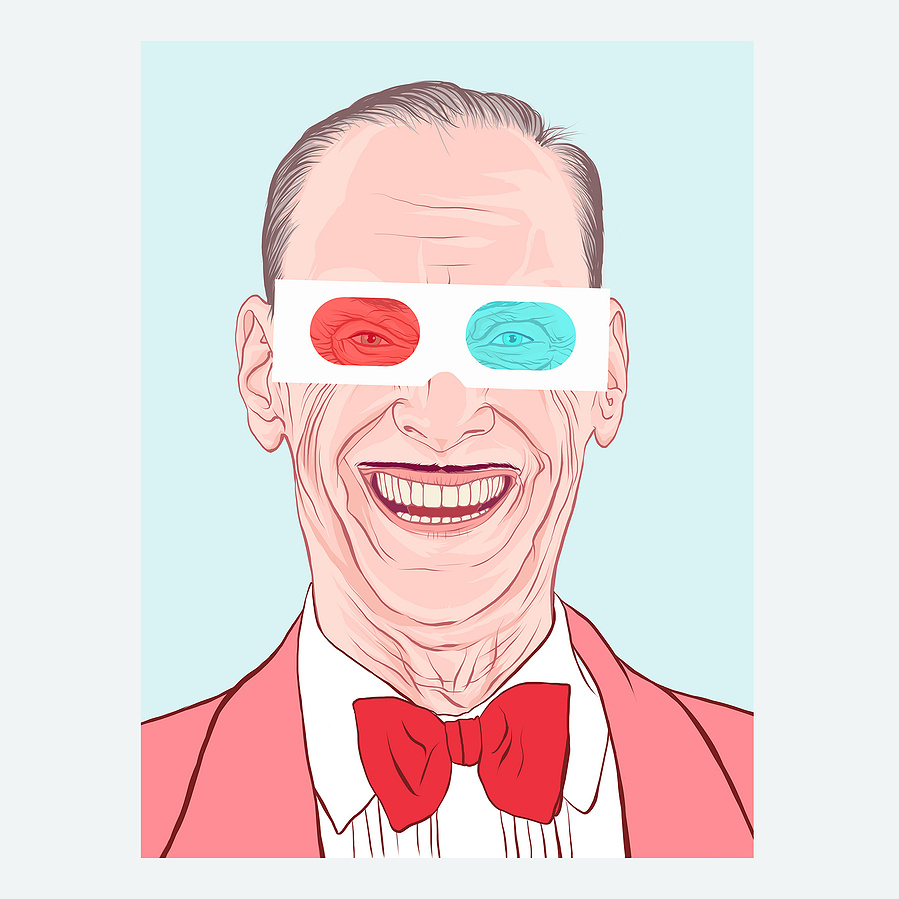 John Waters 'the pope of trash' & Filth Elder Artwork by Ryan Hodge illustration.  Fine art giclée print available in sizes A4, A3 & A2, framed or print only.  3D glasses, dickie bow, pencil moustache. 