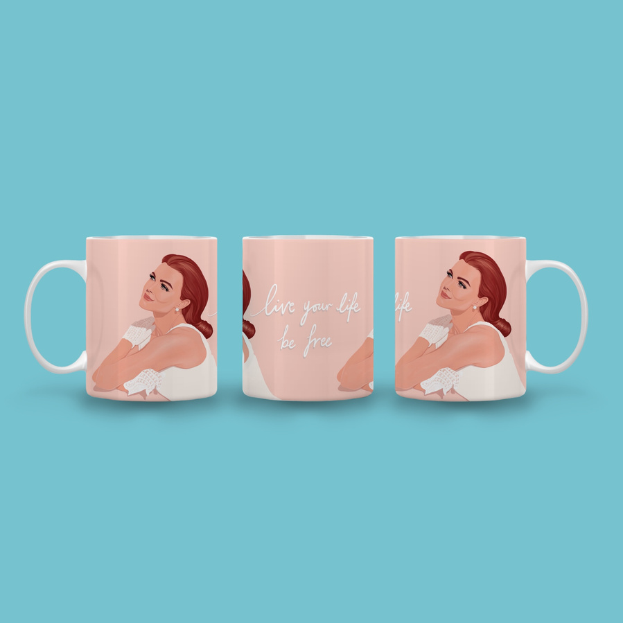 11oz ceramic mug featuring artwork by Ryan Hodge illustration. Slogan - Live your life be free or Live your life drink tea. international shipping. 80 pop legend, the Gogo's.
