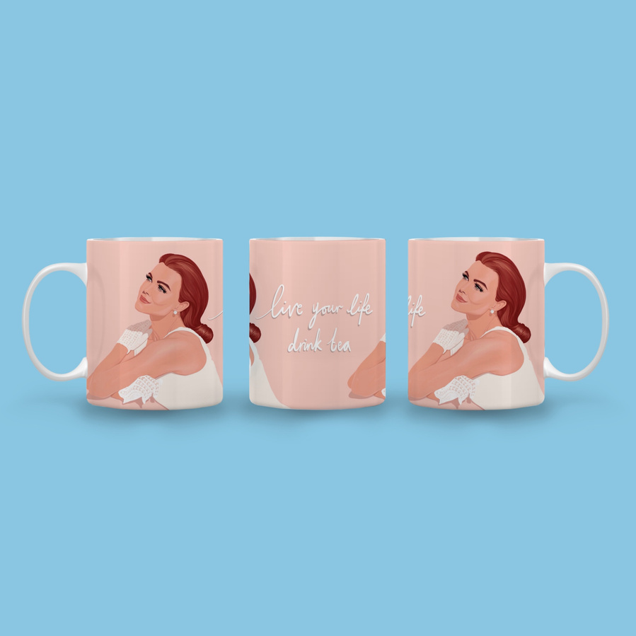 11oz ceramic mug featuring artwork by Ryan Hodge illustration. Slogan - Live your life be free or Live your life drink tea. international shipping. 80 pop legend, the Gogo's.