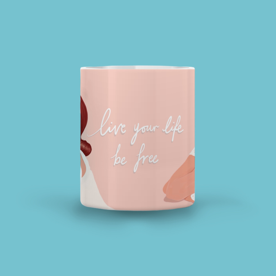 11oz ceramic mug featuring artwork by Ryan Hodge illustration. Slogan - Live your life be free or Live your life drink tea. international shipping. 80 pop legend, the Gogo's.