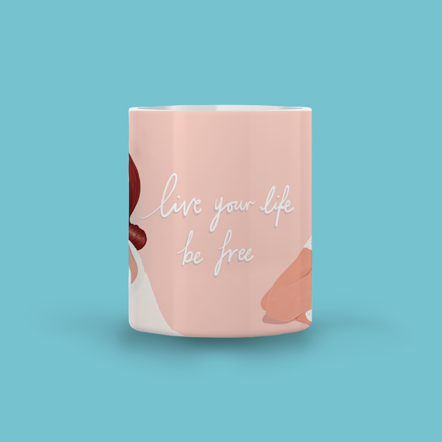 11oz ceramic mug featuring artwork by Ryan Hodge illustration. Slogan - Live your life be free or Live your life drink tea. international shipping. 80 pop legend, the Gogo's.