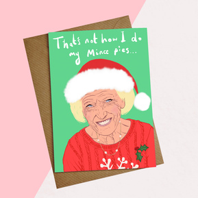 Mary Berry Christmas card , A6. Green background, red jumper, Santa hat. 