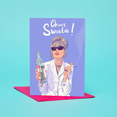  Cheers Sweetie!  Absolutely Fabulous A6 Greetings card featuring Patsy Stone with vodka and cigarette.  Pink recycled paper envelope.  