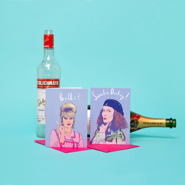 Absolutely Fabulous cards featuring Edina Monsoon and Patsy Stone.  Buy both together! Pictured with Stolichnaya vodka and Bollinger Champagne. 