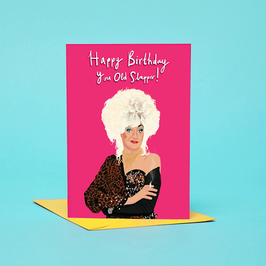 Paul O'Grady's drag persona Lily Savage.  An A6 / 6x4 inch greeting card with yellow envelope.  