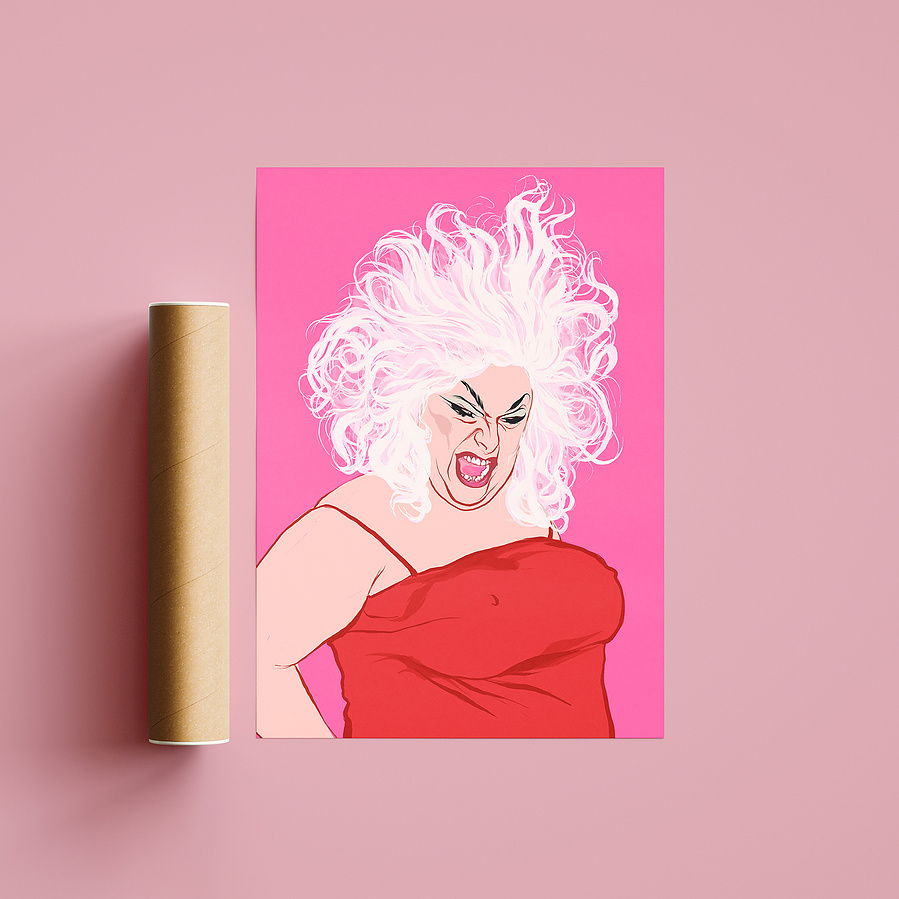 Divine, the most beautiful Drag Queen in the world.  An illustrated portrait by Ryan Hodge illustration.  Inspired by the famous NY nightclub Studio 54.  Available as a fine art giclée print in sizes A4, A3 and A2 print only and framed.