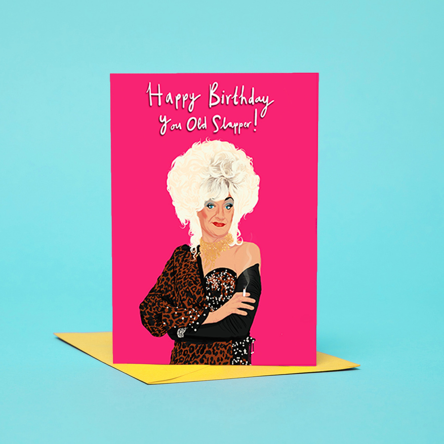 Lily Savage A6 Birthday Card.  Happy Birthday You old Slapper!  Pink card with lemon yellow envelope.  Drag queen persona of Paul O'Grady.  