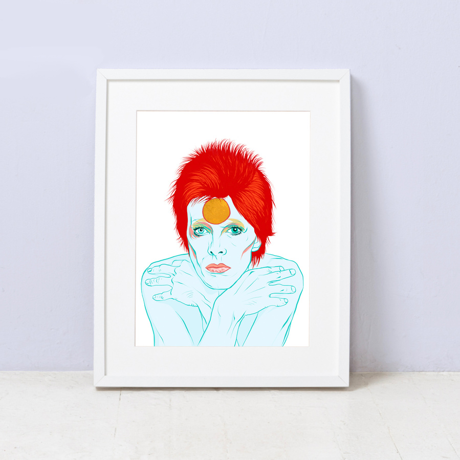 David Bowie's Ziggy Stardust - Framed fine art Print by Ryan Hodge illustration. Minimal artwork with white Background, bright red hair and blue body and gold circle on his forehead. Available in various sizes. 
