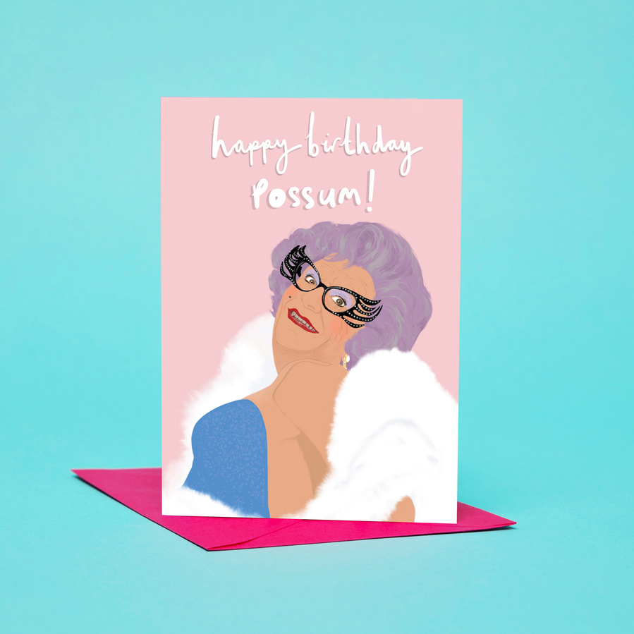 Birthday Card featuring my illustration of Dame Edna Everage  aka Barry Humphries.  Happy birthday Possum! A6 size with recycled paper envelope.  