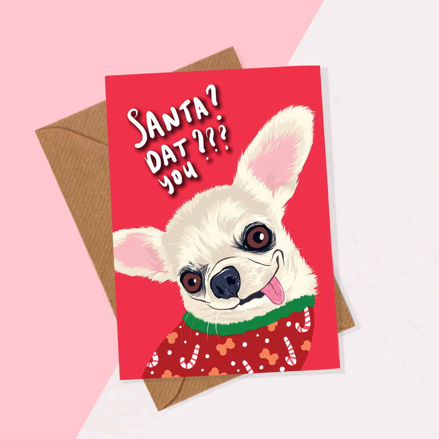 A6 Christmas Card featuring Chihuahua with tongue out and Christmas jumper.  Santa Dat You?
Available individually or as a multipack.  Comes with brown recycled paper envelope. 