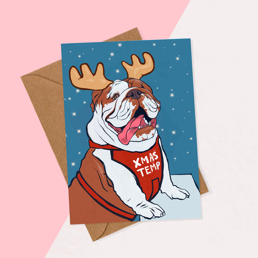 A6 Christmas Card featuring an English Bulldog as Santa's Little Helper complete with reindeer antlers.
Available individually or as a multipack.  Comes with brown recycled paper envelope. 