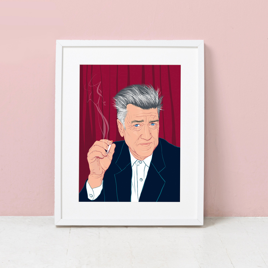 Illustrated portrait of cult film director David Lynch by Ryan Hodge illustration.  Available as a fine art print, framed or print only in various sizes. 