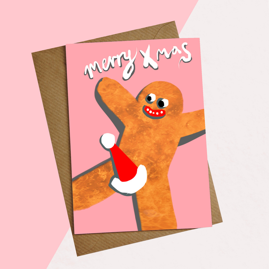Sexy Gingerbread man Christmas card with Santa hat covering his naughty bits.  Pick background. Recycled brown paper envelope. By Ryan Hodge illustration. 
