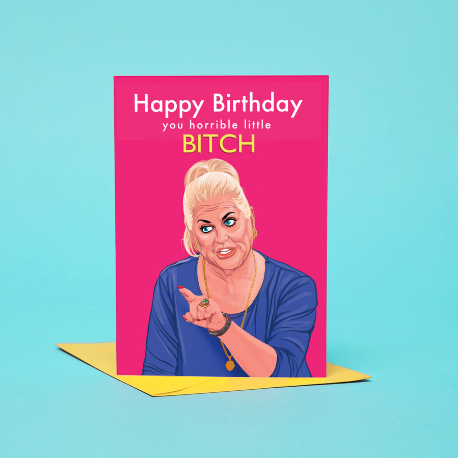 Pink Kim Woodburn A6 Greetings card with yellow envelope by Ryan Hodge illustration.  Funny card, celebrity cleaner and bitch.  