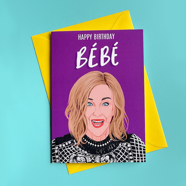 Moira Rose A6 Greetings Card by Ryan Hodge.  Purple background with contrasting yellow envelope 
