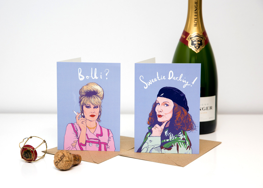 Absolutely Fabulous themed A6 greeting card by Ryan Hodge illustration featuring Patsy Stone.  Perfect for birthdays and special occasions of a best friend. 