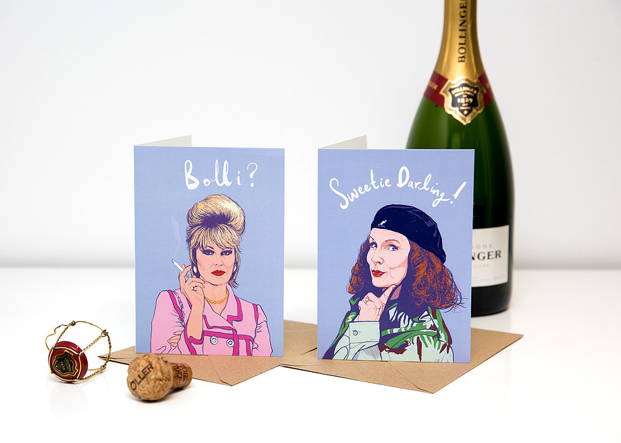 Absolutely Fabulous themed A6 greeting card by Ryan Hodge illustration featuring Patsy Stone.  Perfect for birthdays and special occasions of a best friend. 