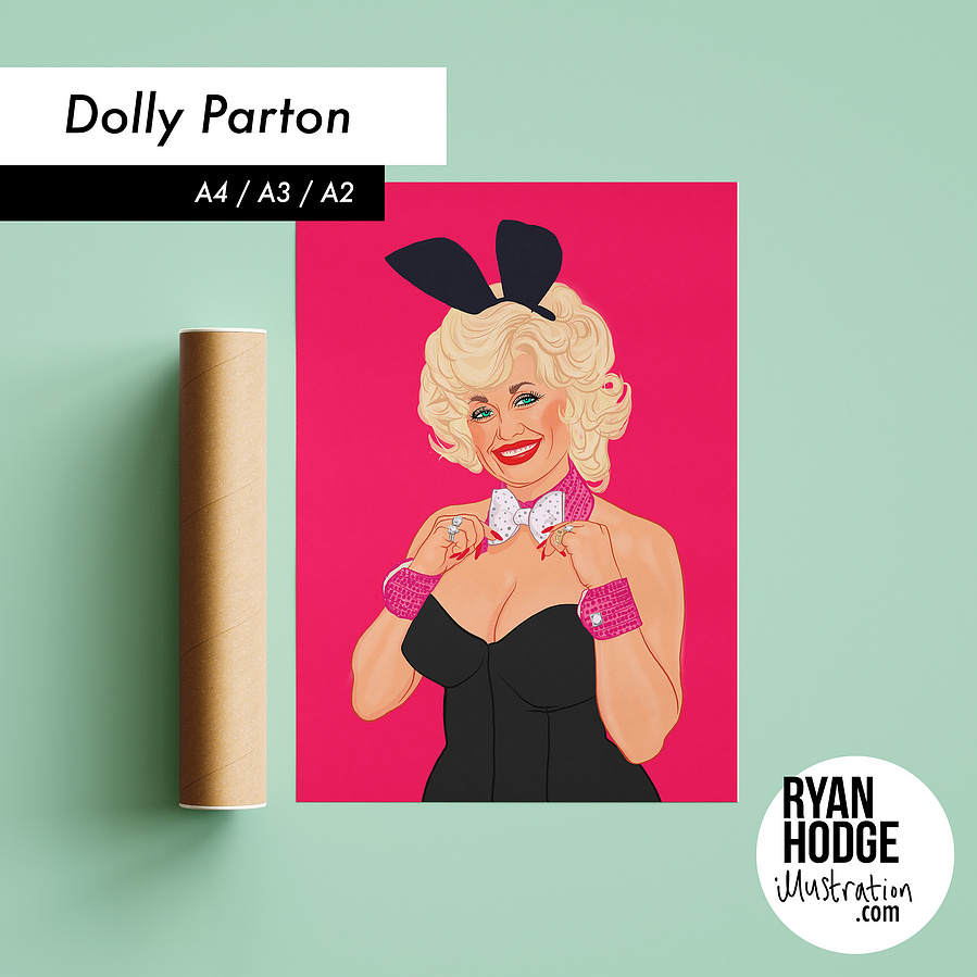 Country singer/songwriter, actor and gay icon Dolly Parton.  An illustration inspired by her Play Boy Magazine photoshoot dressed as a bunny girl.  Fine art prints available in sizes A4, A3, A2 & A1, framed or print only. 