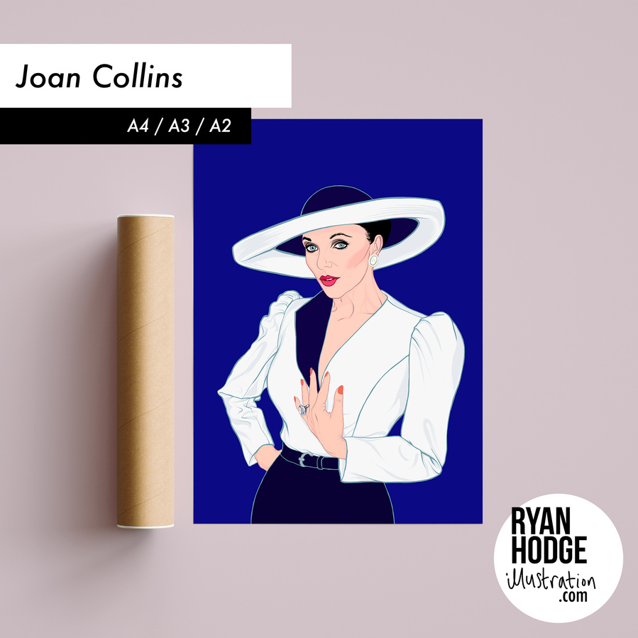 Fine art giclée print ofJoan Collins as Alexis Colby Carrington   as seen in Dynasty by Ryan Hodge illustration.  Available in sizes A4, A3 and A2.  Framed and print only versions.  