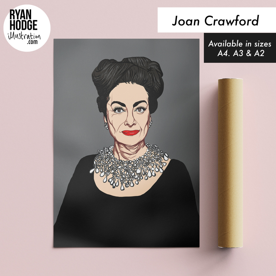Joan Crawford inspired by the film 'I saw What You Did'.  Grey background, Black dress, severe look.  A portrait by Ryan Hodge illustration based on the film Myra Breckinridge. A4, A3, A2, A1 sizes framed and print only. 