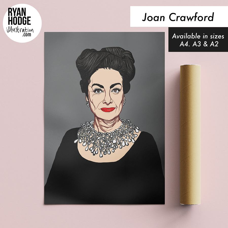 Joan Crawford inspired by the film 'I saw What You Did'.  Grey background, Black dress, severe look.  A portrait by Ryan Hodge illustration based on the film Myra Breckinridge. A4, A3, A2, A1 sizes framed and print only. 