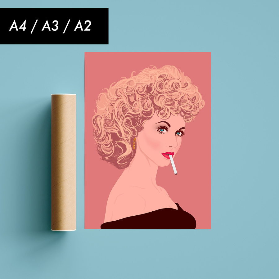 Fine art Giclée print of Olivia Newton-John as Sandy Olsson from the film Grease.  Artwork by Ryan Hodge illustration. She has curly blonde hair and off the shoulder top, red lips and smoking a cigarette.  peach background.  Available sizes A4, A3 and A2.