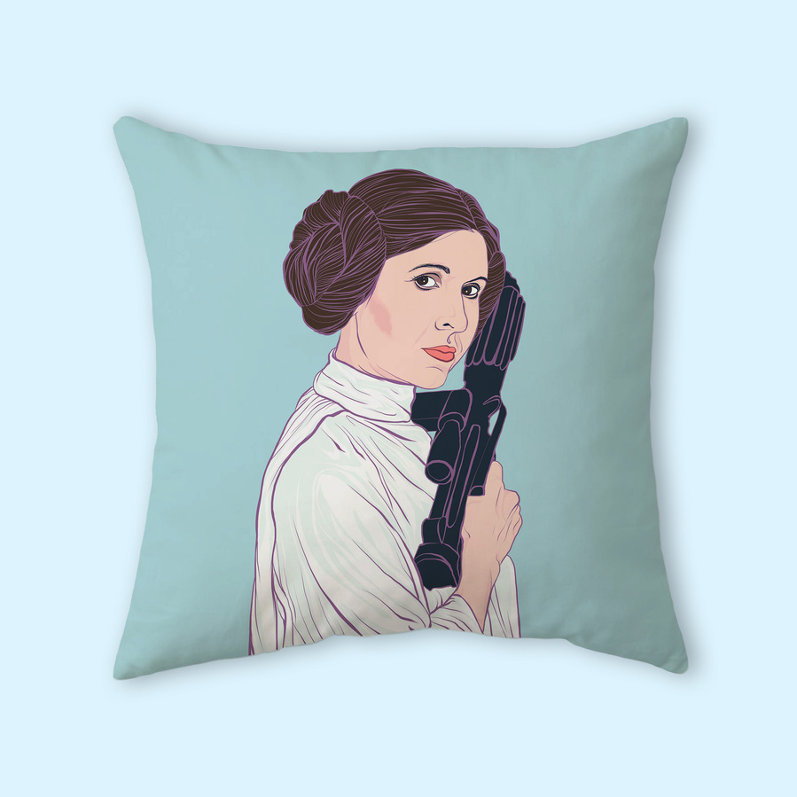 Faux suede cushion cover printed on both sides with polyester filling. Fully washable. Features high quality image of Star Wars feminist icon Princess Leia played by Carrie Fisher. Artwork by Ryan Hodge illustration.
