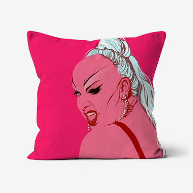 Faux suede throw cushion featuring a portrait of Divine by Ryan Hodge illustration.  Available in various sizes.  