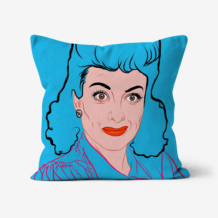 Faux Suede Throw Cushion Featuring a portrait of Joan Crawford by Ryan hodge illustration.  Blue background, minimal linear design.  Available in three sizes. 