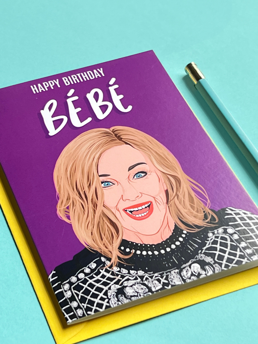 Moira Rose Birthday Card with yellow envelope.  A6 size (approximately 6x4 inches).  Based on the hit Netflix series Schitt's Creek. Artwork by Ryan Hodge illustration. 
