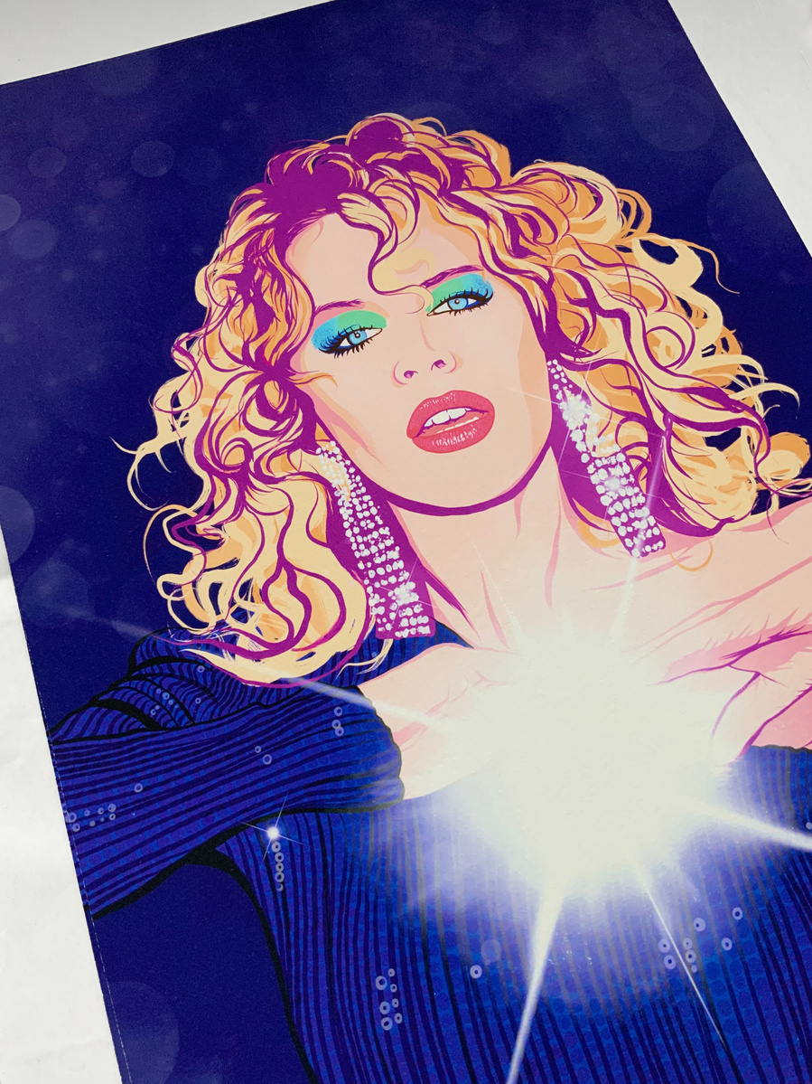 Kylie Minogue fine art giclée print by Ryan Hodge illustration.  Inspired by the album DISCO.  Cosmic vibes on navy with big bright flash.  Available in sizes A4, A3, A2 & A1 framed and print only.  Printed on Enhanced Matt Art paper. 