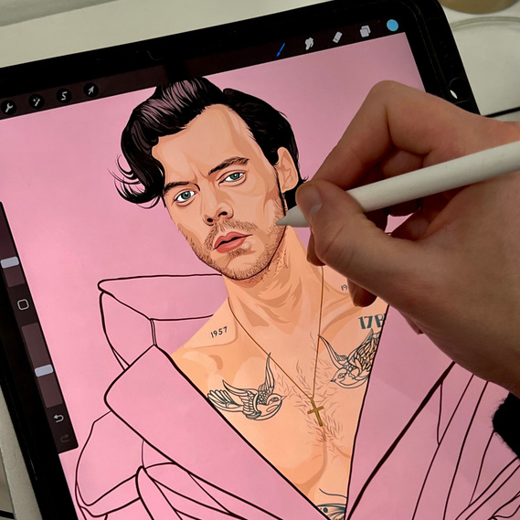 An illustration  in progress of Pop star Harry Styles on pink background.  Illustrator, Ryan Hodge is drawing on the iPad using Procreate.  The illustration is available for to buy in sizes A4, A3 & A2.  