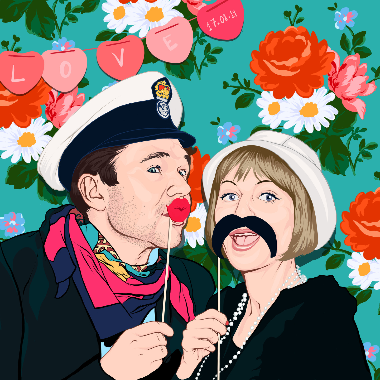 The illustration is based on a Photo Booth image at a party and features a male and female couple.  They are posing in sailor hats and are wearing fake moustaches and a cravat. There is a bright floral background, roses and daisies. 