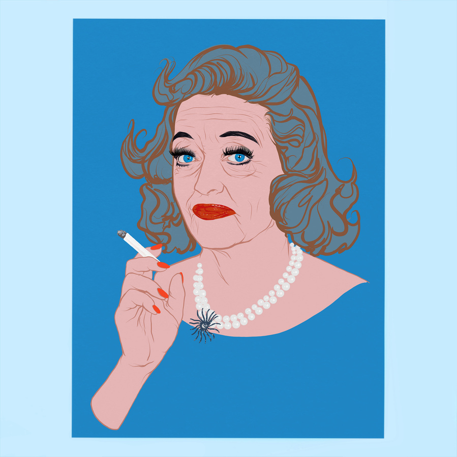Illustration of Hollywood actor Bette Davis smoking by artist Ryan Hodge.  Fine art Giclée prints are available is sizes A4, A3 and A2 and 12" x 12".   