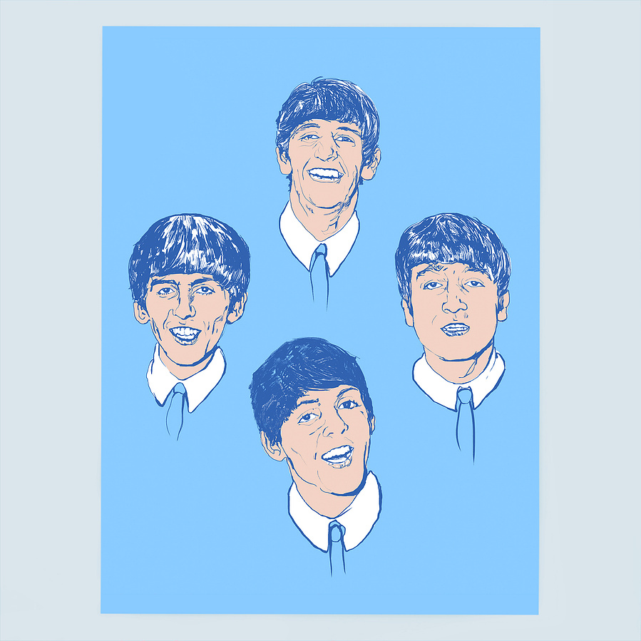 The Beatles - John Lennon, Paul McCartney, Ringo Star & George Harrisson.   Artwork by Ryan Hodge illustration.  Fine art giclée print available in sizes A4, A3 & A2, framed or print only.