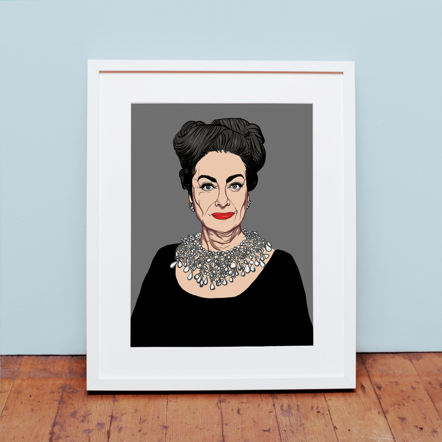 Joan Crawford inspired by the film 'I saw What You Did'.  Grey background, Black dress, severe look.  A portrait by Ryan Hodge illustration based on the film Myra Breckinridge. A4, A3, A2, A1 sizes framed and print only. 