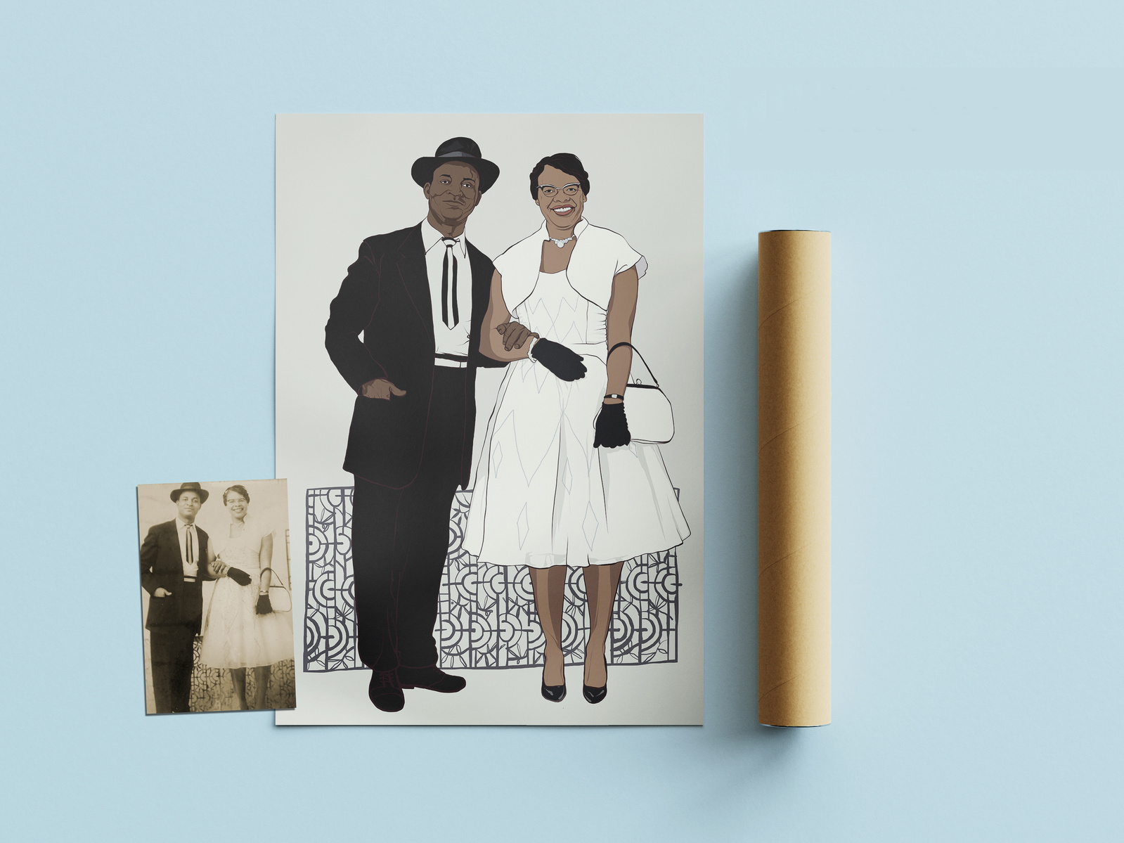 This illustration is a reinterpretation of an old black and white wedding photograph.   The couple have dark skin and are wearing traditional wedding attire with trilby hat.  The artwork has muted tones reflecting the original sepia image.