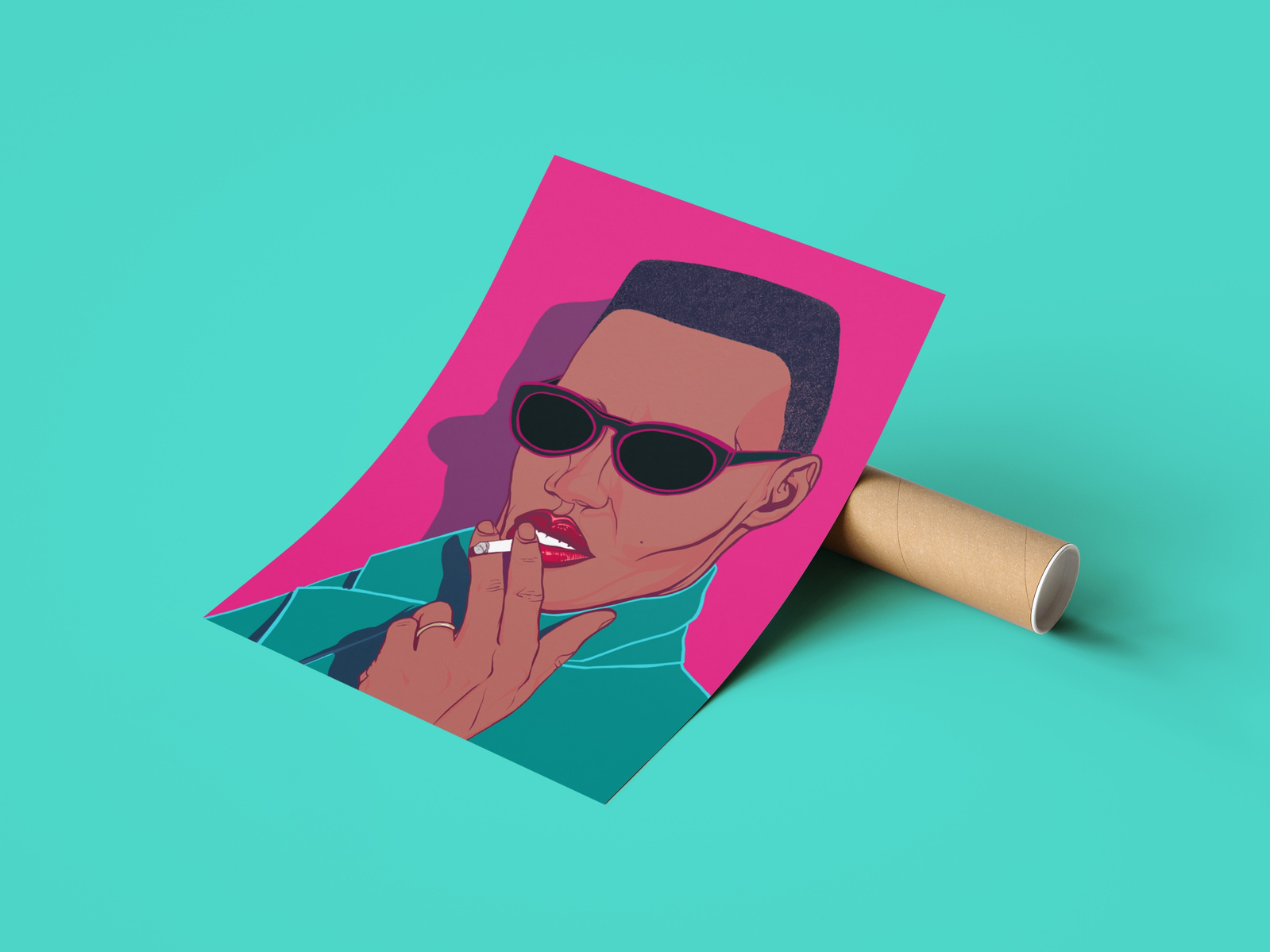 Grace Jones Fine art Print by Ryan Hodge illustration Print with tube on turquoise background.  Sizes A4, A3, A2 - print only or optional framing. Perfect wall art 
gift  