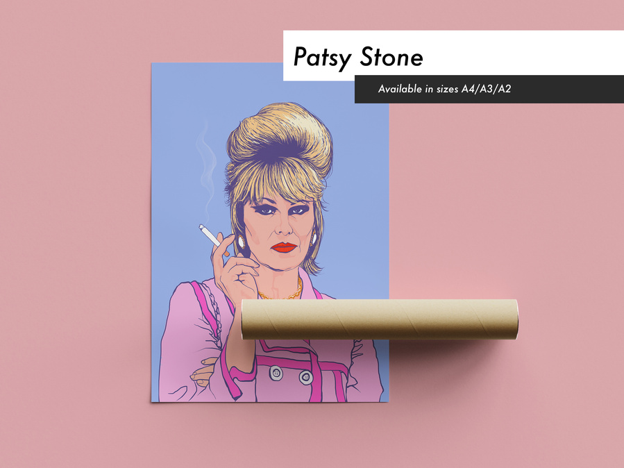 Absolutely Fabulous illustration of Patsy Stone by Ryan Hodge. Available in various sizes as a framed or Print only option. 