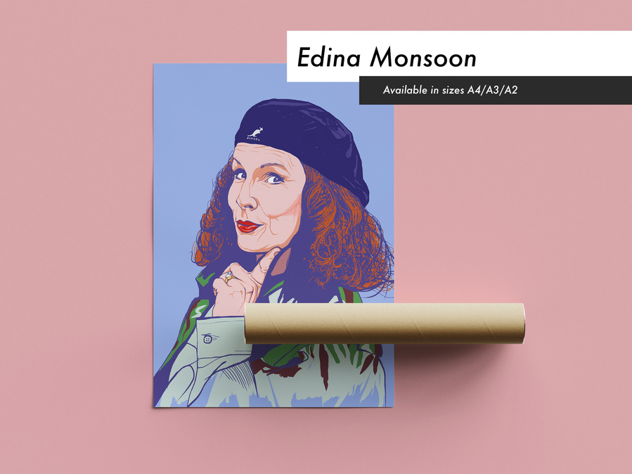Edina Monsoon Fine Art Giclée print by Ryan Hodge celebrates the Absolutely Fabulous sitcom by Jennifer Saunders. Buy as a print only or framed option in sizes A4, A3, A2 or A1.  Sweetie Darling!