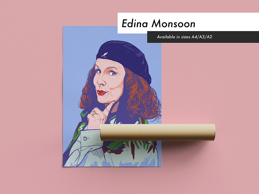 Edina Monsoon Fine Art Giclée print by Ryan Hodge celebrates the Absolutely Fabulous sitcom by Jennifer Saunders. Buy as a print only or framed option in sizes A4, A3, A2 or A1.  Sweetie Darling!